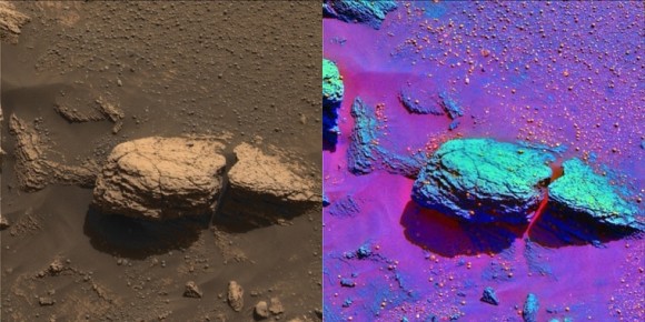 Stone mountain rock outcrop in true and false colour. Image credit: NASA/JPL