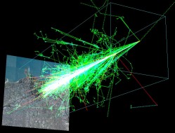 Simulation of a cascade of energetic particles from a single cosmic ray impact in the atmosphere (AIRES package/Chicago University)