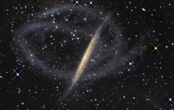 Image of the stellar tidal stream surrounding the spiral galaxy NGC 5907 obtained with an amateur robotic telescope in the mountains of New Mexico. (R. Jay Gabany)