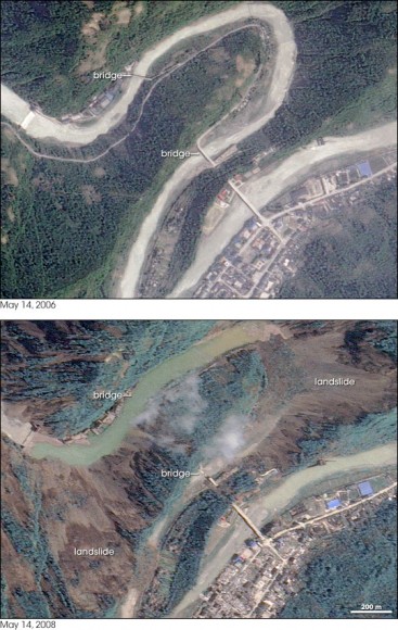 Beichuan Bridge Destruction. Image Credit: Formosat 2