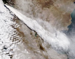 The eruption as viewed from orbit, probably from the ISS (Daily Mail)