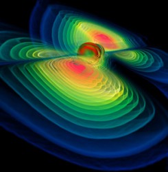 Visualization of a massive body generating gravitational waves (UWM) Visualization of a massive body generating gravitational waves (UWM)