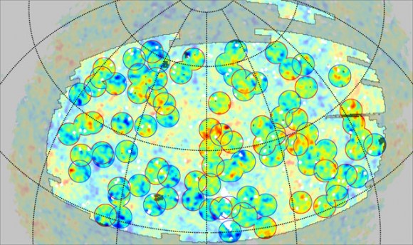cmb Comparing superclusters (red circles) and supervoids (blue circles) with the CMB. Credit: U of Hawaii
