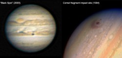 The mystery black spot in 2003 (by Eric Ng) compared with one of the Shoemaker-Levy 9 fragment impact sites in 1994 (NASA)