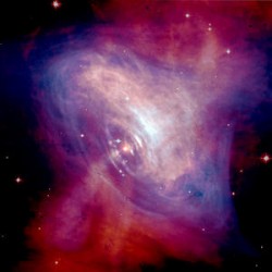 The Crab Pulsar. This image combines optical data from Hubble (in red) and X-ray images from Chandra X-ray Observatory (in blue). The Crab Pulsar. This image combines optical data from Hubble (in red) and X-ray images from Chandra X-ray Observatory (in blue).