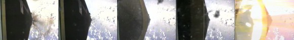 First stage separation appears to be going well until frame 3. Frame 4 shows the first stage thrust back into the second stage. Frame 5 shows the second stage firing when the first stage is not clear, Falcon 1 tumbles out of control (SpaceX)
