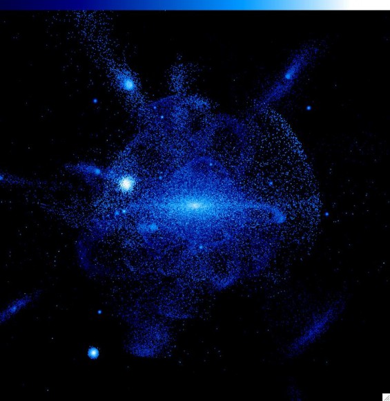mwhalo Model of a our galaxy showing trails of stars torn from disrupted satellite galaxies. Credit: K. Johnston, J. Bullock