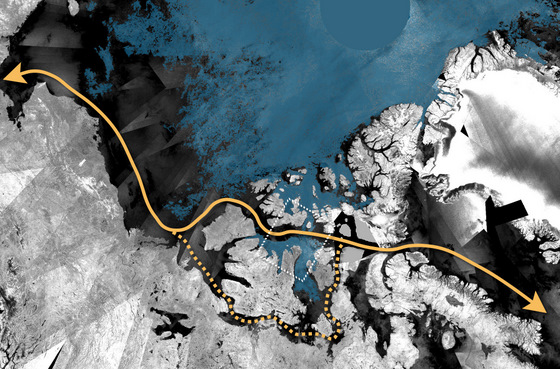 northwest_passages_with_arrows_h1 The arrow shows the Northwest Passage, which is virtually ice free. Credit: ESA