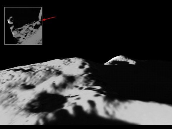 View of “Peak of Eternal Light” from the rim of the Shackleton Crater. The peak is along the ridge in the centre of the image. The possible landing sites 1 & 2 from the Clementine mosaic are in the bottom right hand corner of the image. Credit: ESA/SMART-1/Space-X (Space Exploration Institute) View of “Peak of Eternal Light” from the rim of the Shackleton Crater. The peak is along the ridge in the centre of the image. The possible landing sites 1 & 2 from the Clementine mosaic are in the bottom right hand corner of the image. Credit: ESA/SMART-1/Space-X (Space Exploration Institute)