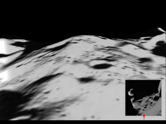 View of “Peak of Eternal Light”. The Shackleton Crater is just off the image on the right hand side. Potential landing site 4 from the Clementine mosaic is on the left hand ridge of the peak. The small crater in the centre of the image is about 1 kilometre across. Credit: ESA/SMART-1/Space-X (Space Exploration Institute) View of “Peak of Eternal Light”. The Shackleton Crater is just off the image on the right hand side. Potential landing site 4 from the Clementine mosaic is on the left hand ridge of the peak. The small crater in the centre of the image is about 1 kilometre across. Credit: ESA/SMART-1/Space-X (Space Exploration Institute)