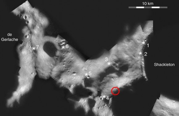 Mosaic from the Clementine mission of lunar south pole showing possible landing sites. The "Peak of Eternal Light is marked in red. Credit: PJ Stooke Mosaic from the Clementine mission of lunar south pole showing possible landing sites. The "Peak of Eternal Light is marked in red. Credit: PJ Stooke
