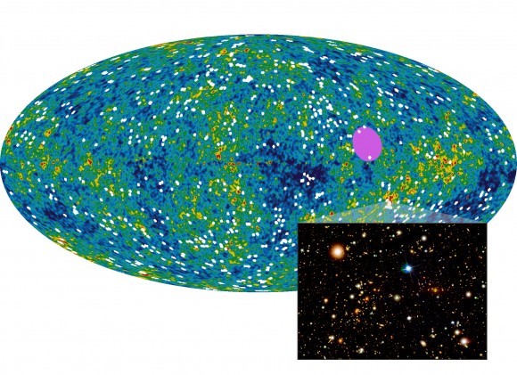 Galaxy clusters like 1E 0657-56 (inset) seem to be drifting toward a 20-degree-wide patch of sky (ellipse) between the constellations of Centaurus and Vela. Credit: NASA/WMAP/A. Kashlinsky et al. Galaxy clusters like 1E 0657-56 (inset) seem to be drifting toward a 20-degree-wide patch of sky (ellipse) between the constellations of Centaurus and Vela. Credit: NASA/WMAP/A. Kashlinsky et al.