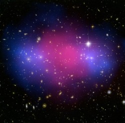 hubblechandra Hubble and Chandra composite image showing possible dark matter. Credit: X-ray(NASA/CXC/Stanford/S.Allen); Optical/Lensing(NASA/STScI/UC Santa Barbara/M.Bradac)