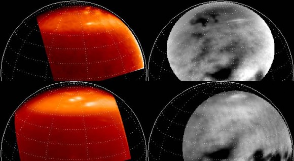 Map projected images of lake-effect clouds at the winter north pole of Titan from the VIMS (left, both from 27 April 2007) and ISS (right, from 24 Feb 2007, top, and 13 April 2007, bottom) imagers on board the Cassini spacecraft. Map projected images of lake-effect clouds at the winter north pole of Titan from the VIMS (left, both from 27 April 2007) and ISS (right, from 24 Feb 2007, top, and 13 April 2007, bottom) imagers on board the Cassini spacecraft.