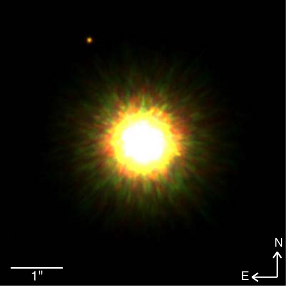 The small dot above the star 1RSX J160929.1-210524 is a likely ~8 Jupiter-mass companion.  Credit:  Gemini Observatory