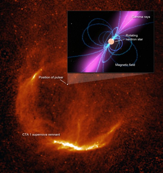 The pulsar lies in the CTA 1 supernova remnant in Cepheus. Credit: NASA/S. Pineault, DRAO The pulsar lies in the CTA 1 supernova remnant in Cepheus. Credit: NASA/S. Pineault, DRAO