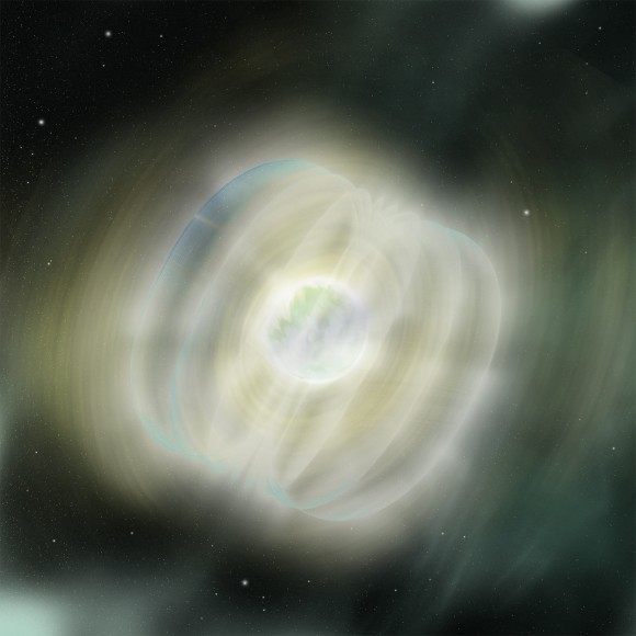 flare from magnetar Swift J195509+261406. A starquake is probably what triggered the object's 40 optical flares. Credit: NASA/Swift/Sonoma State University/A. Simonnet Illustration of the flare from magnetar Swift J195509+261406. A starquake is probably what triggered the object's 40 optical flares. Credit: NASA/Swift/Sonoma State University/A. Simonnet