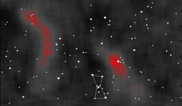 The cosmic ray hot spots were identified in the two red-colored regions near the constellation Orion. Courtesy John Pretz, LANL, The cosmic ray hot spots were identified in the two red-colored regions near the constellation Orion. Courtesy John Pretz, LANL