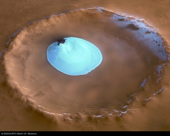 Water ice in a North Pole crater.  Credit: ESA/DLR/FU Berlin (G. Neukum).