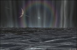 Artist impression of the surface of Enceladus and the source of the plumes (BBC/Karl Kofoed)