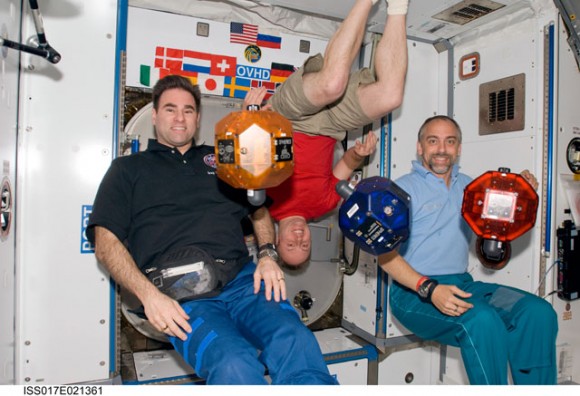 Astronauts Greg Chamitoff, Mike Fincke and spaceflight participant Richard Garriott posed with SPHERES. Credit: NASA Astronauts Greg Chamitoff, Mike Fincke and spaceflight participant Richard Garriott posed with SPHERES. Credit: NASA