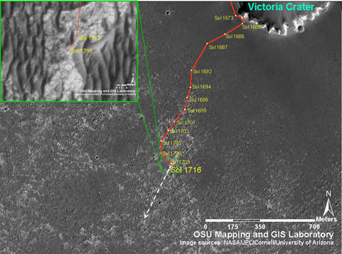 Opportunity's traverse map through Sol 1716 As of sol 1707 (Nov. 11, 2008), Opportunity's total odometry was 13,493.85 meters (8.38 miles). Opportunity's traverse map through Sol 1716 As of sol 1707 (Nov. 11, 2008), Opportunity's total odometry was 13,493.85 meters (8.38 miles).