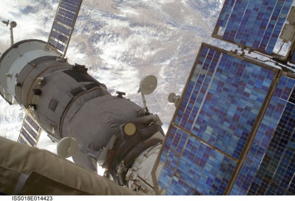 Soyuz docked with the ISS, in a photo taken during Monday's spacewalk. Credit: NASA Soyuz docked with the ISS, in a photo taken during Monday's spacewalk. Credit: NASA