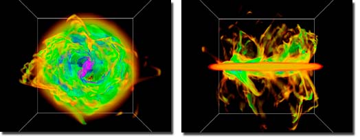 Volume renderings of the density field in a region of the simulation at 55,000 years of evolution. The left panel shows a polar view, and the right panel shows an equatorial view. The fingers feeding the equatorial disk are clearly visible. Images by Krumholz et al Volume renderings of the density field in a region of the simulation at 55,000 years of evolution. The left panel shows a polar view, and the right panel shows an equatorial view. The fingers feeding the equatorial disk are clearly visible. Images by Krumholz et al
