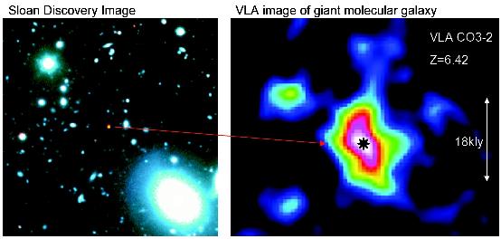 Enlarge VLA image (right) of gas in young galaxy seen as it was when the Universe was only 870 million years old. Image: NRAO/AUI/NSF, SDSS Enlarge VLA image (right) of gas in young galaxy seen as it was when the Universe was only 870 million years old. Image: NRAO/AUI/NSF, SDSS