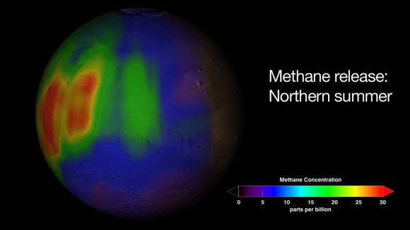 This image shows concentrations of Methane discovered on Mars in 2009, from an Earth-based observatory. Credit: NASA 
