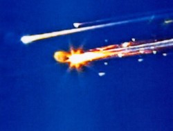 A single film frame of the Space Shuttle Columbia Breaking over Texas on February 1, 2003. 