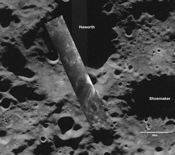 A Mini-SAR strip overlain on an Earth-based, Arecibo Observatory radar telescope image. Taken Nov. 17, 2008, the south-polar SAR strip shows a part of the moon never seen before: a portion of Haworth crater that is permanently shadowed from Earth and the sun. Credit: ISRO/NASA/JHUAPL/LPI/Cornell University/Smithsonian A Mini-SAR strip overlain on an Earth-based, Arecibo Observatory radar telescope image. Taken Nov. 17, 2008, the south-polar SAR strip shows a part of the moon never seen before: a portion of Haworth crater that is permanently shadowed from Earth and the sun. Credit: ISRO/NASA/JHUAPL/LPI/Cornell University/Smithsonian