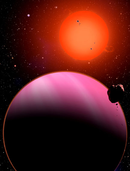 This artist's conception reveals the newly discovered Super-Neptune planet orbiting a star 120 light years away from Earth. Normally blue in color, its red hue is caused by the illumination from the nearby Red Dwarf star. Credit: David A. Aguilar (CfA)