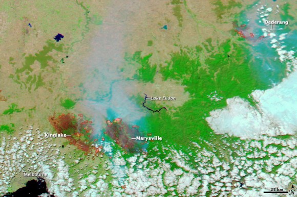 False color image from Feb. 9. NASA image courtesy the MODIS Rapid Response Team, GSFC False color image acquired Feb. 9. NASA image courtesy the MODIS Rapid Response Team, GSFC