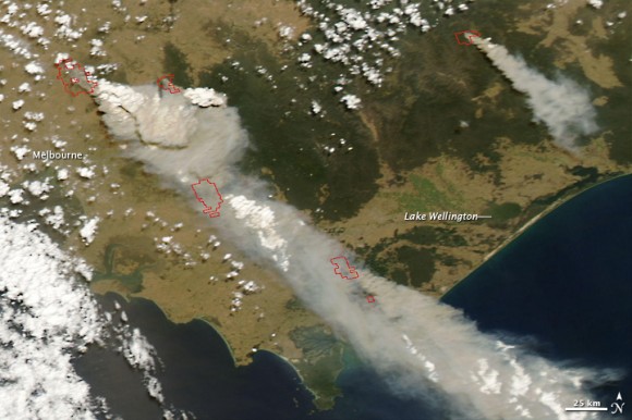 Satellite image of bushfires in southeast Australia taken Feb. 7, 2009. NASA image courtesy the MODIS Rapid Response Team, NASA Goddard Space Flight Center Satellite image of bushfires in southeast Australia taken Feb. 7, 2009. NASA image courtesy the MODIS Rapid Response Team, NASA Goddard Space Flight