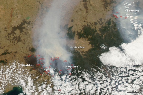 NASA image courtesy the MODIS Rapid Response Team, GSFC. Satellite image aquired Feb. 9 of southeastern Australia bushfires. NASA image courtesy the MODIS Rapid Response Team, GSFC.