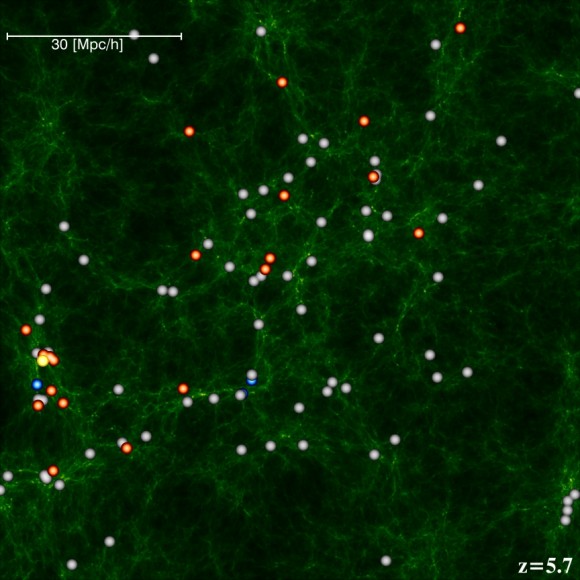 The Universe 1 billion years after the Big Bang. Credit: Alvaro Orsi, Institute for Computational Cosmology, Durham University. The Universe 1 billion years after the Big Bang. Credit: Alvaro Orsi, Institute for Computational Cosmology, Durham University.