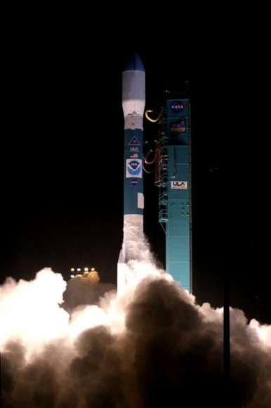 The Delta II rocket lofts the NOAA-N Prime spacecraft into the night sky over Vandenberg Air Force Base in California. Photo credit: NASA/Carleton Bailie, ULA