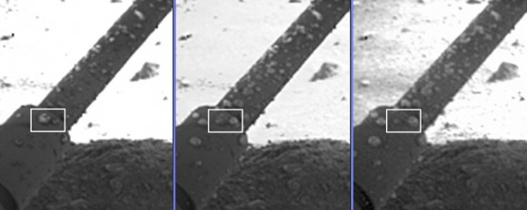 Growing water droplets on Phoenix's legs? (NASA)