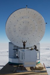 The South Pole Telescope takes advantage of the clear, dry skies at the National Science Foundation’s South Pole Station to study the cosmic background radiation, the afterglow of the big bang. The SPT measures eight meters (26.4 feet) in diameter. Photo by Jeff McMahon The South Pole Telescope takes advantage of the clear, dry skies at the National Science Foundation’s South Pole Station to study the cosmic background radiation, the afterglow of the big bang. The SPT measures eight meters (26.4 feet) in diameter. Photo by Jeff McMahon