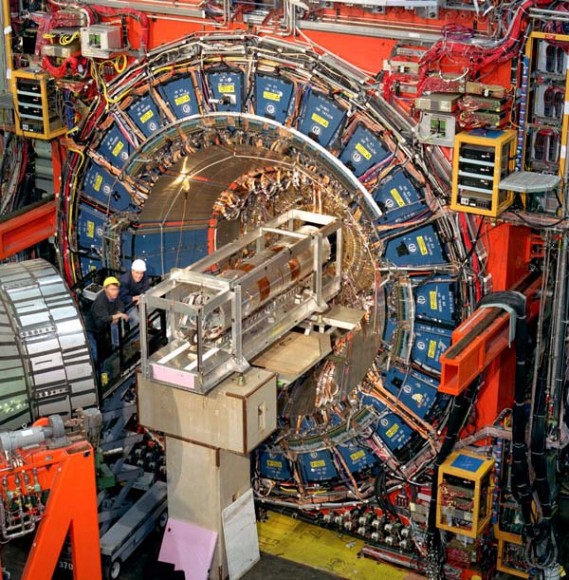 The CDF detector, about the size of a 3-story house, weighs about 6,000 tons. Credit: Fermilab The CDF detector, about the size of a 3-story house, weighs about 6,000 tons. Credit: Fermilab