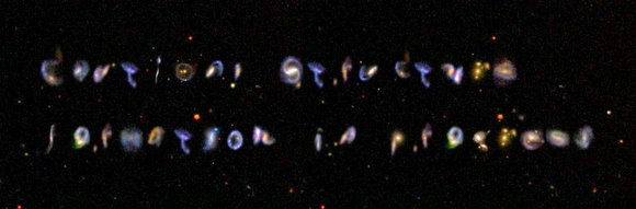 SDSS colour composite image (vri) for another unusual galaxy cluster, at RA = ?2h61m12s, Dec = +124?17?72?? , identified by Galaxy Zoo participants. SDSS colour composite image (vri) for another unusual galaxy cluster, at RA = ?2h61m12s, Dec = +124?17?72?? , identified by Galaxy Zoo participants.