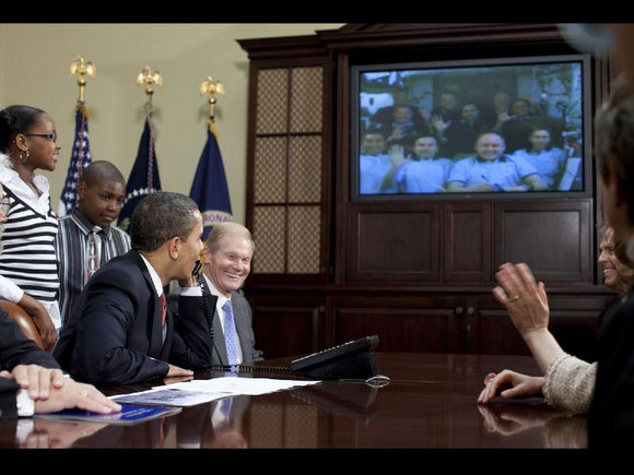 Obama and friends chat with ISS astronauts.  Image Credit: White House/Pete Souza