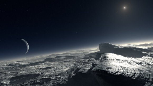 Artist’s impression of how the surface of Pluto might look, if patches of pure methane rest on the surface. At the distance of Pluto, the Sun appears about 1,000 times fainter than on Earth. Credit: ESO