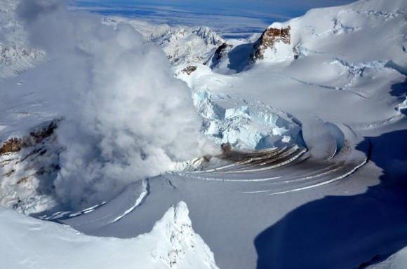 Redoubt volcano crater showing rapidly melting glacier and enlarged "ice piston" feature. Picture Date: March 21, 2009 Image Creator: Cyrus Read, Image courtesy of AVO/USGS. Redoubt volcano crater showing rapidly melting glacier and enlarged "ice piston" feature. Picture Date: March 21, 2009 Image Creator: Cyrus Read, Image courtesy of AVO/USGS.