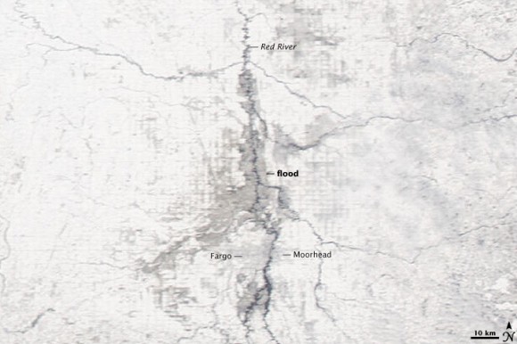 Red River Flooding, taken March 28 by MODIS on NASA's Aqua Satelite. Red River Flooding, taken March 28 by MODIS on NASA's Aqua Satelite.