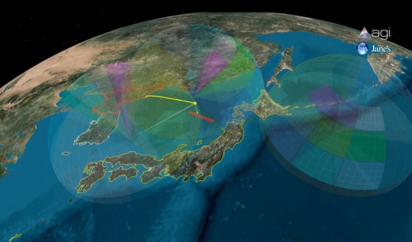 The possible path of the N. Korean launch, passing over Japan. First stage will drop into the Sea of Japan (AGI)