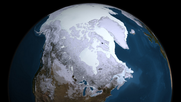 This data visualization from the AMSR-E instrument on the Aqua satellite show the maximum sea ice extent for 2008-09, which occurred on Feb. 28, 2009. Credit: NASA Goddard's Scientific Visualization Studio This data visualization from the AMSR-E instrument on the Aqua satellite show the maximum sea ice extent for 2008-09, which occurred on Feb. 28, 2009. Credit: NASA Goddard's Scientific Visualization Studio
