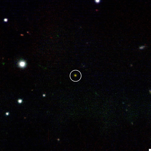 The fading infrared afterglow of GRB 090423 appears in the center of this false-color image taken with the Gemini North Telescope in Hawaii. The burst is the farthest cosmic explosion yet seen. Credit: Gemini Observatory/NSF/AURA, D. Fox and A. Cucchiara (Penn State Univ.) and E. Berger (Harvard Univ.) The fading infrared afterglow of GRB 090423 appears in the center of this false-color image taken with the Gemini North Telescope in Hawaii. The burst is the farthest cosmic explosion yet seen. Credit: Gemini Observatory/NSF/AURA, D. Fox and A. Cucchiara (Penn State Univ.) and E. Berger (Harvard Univ.)