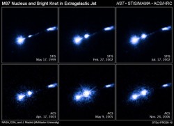 Hubble image of a gas jet blasing from the core of M87. Credit: NASA, ESA, and J. Madrid (McMaster University) Hubble image of a gas jet blasing from the core of M87. Credit: NASA, ESA, and J. Madrid (McMaster University)